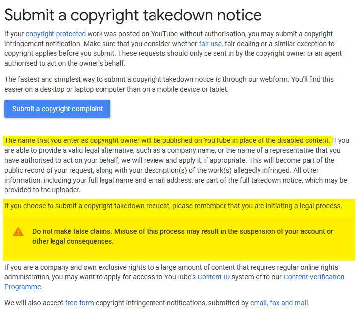 ALT Screenshot of YouTube's copyright takedown form